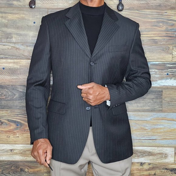 Ted Lapidus Paris Wool Blend Black Striped Double Vented Blazer Sport Jacket 42R - Picture 4 of 12